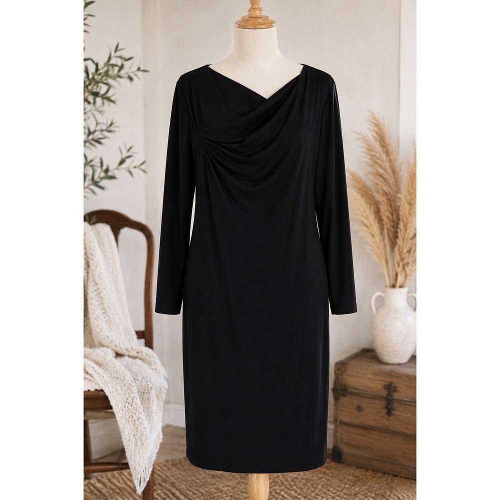 Joan Rivers Black Asymmetrical Pleated Neckline Long Sleeve Sheath Dress 28W